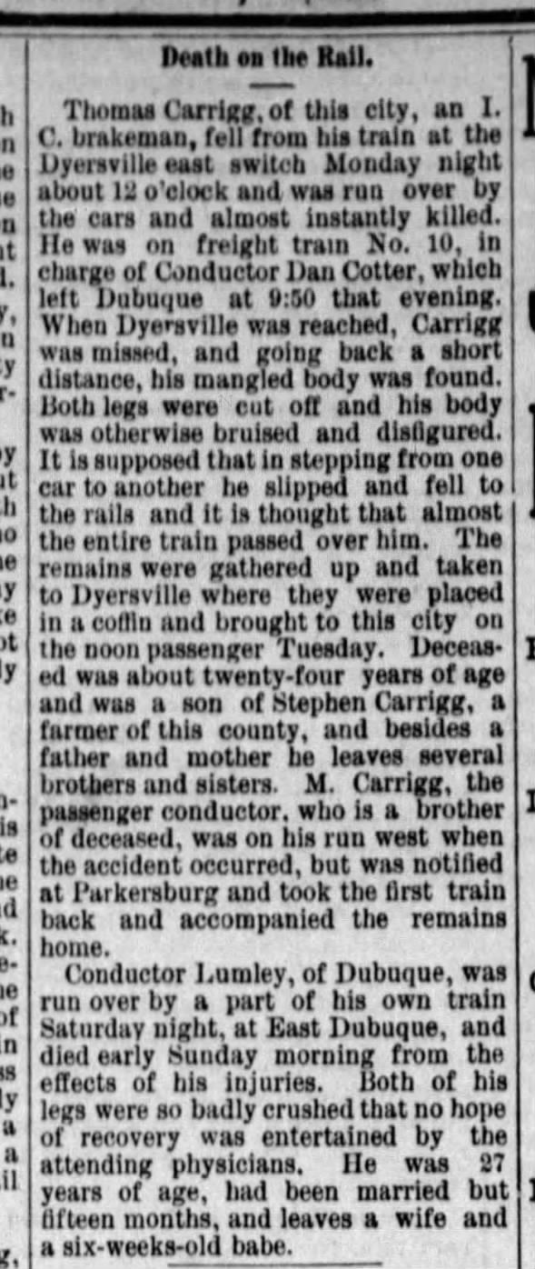 Thomas Carrigg, brakeman, killed by train